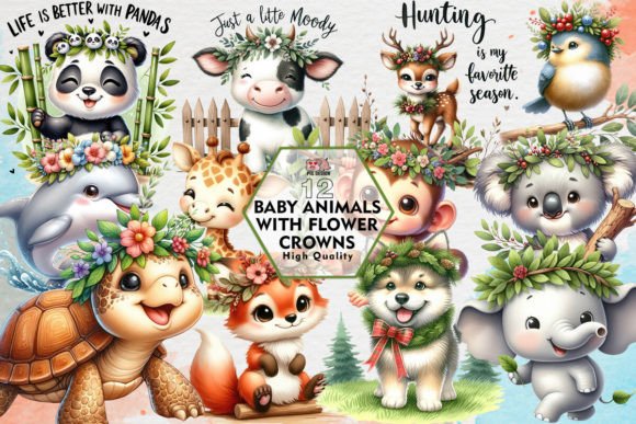 Adorable Baby Animals with Flower Crowns Clipart